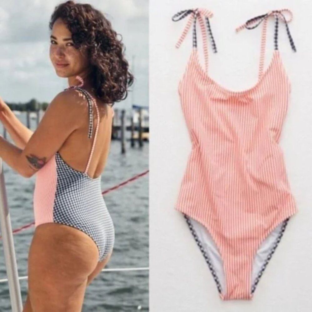 Aerie Red White and Blue Seersucker Gingham Cheeky One Piece Swimsuit Size S